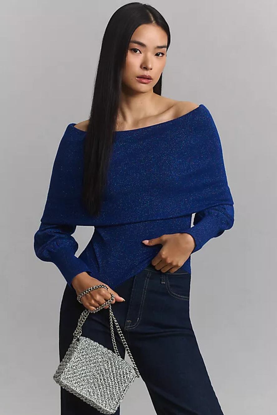 Anthropologie Sensual Off-the-Shoulder blue shimmer wool Sweater small